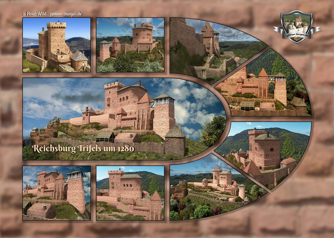 Fotocollage Reichsburg Trifels (1280) auf Postkarte Standard-Format