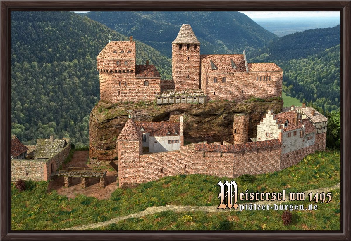 Braun gerahmter Leinwanddruck 30x20cm von der Kernanlage der Burg Meistersel aus Westen als schönes Burg-Souvenir