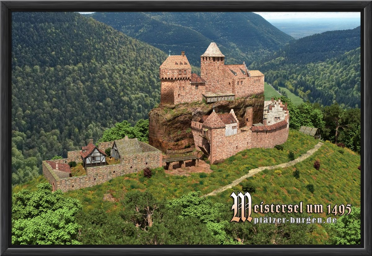 Schwarz gerahmter Leinwanddruck 30x20cm von Burg Meistersel aus Westen als schönes Burg-Souvenir