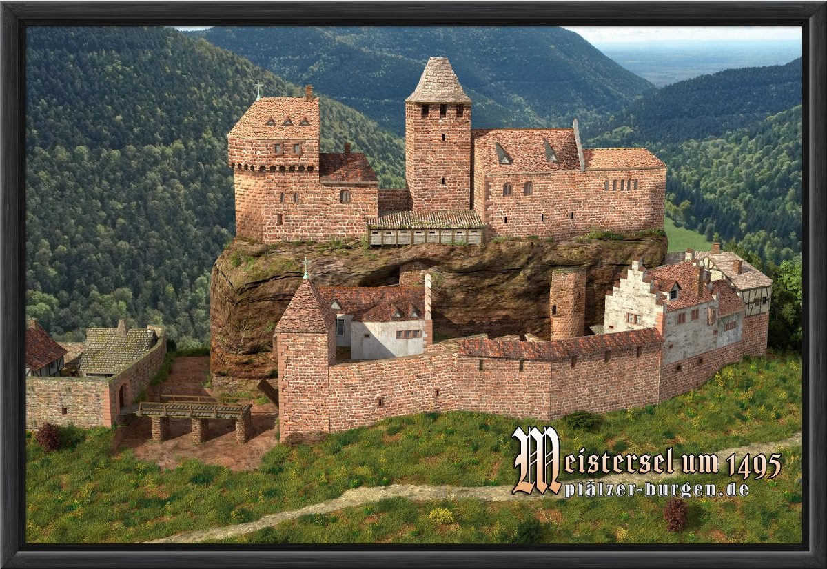 Schwarz gerahmter Leinwanddruck 30x20cm von der Kernanlage der Burg Meistersel aus Westen als schönes Burg-Souvenir