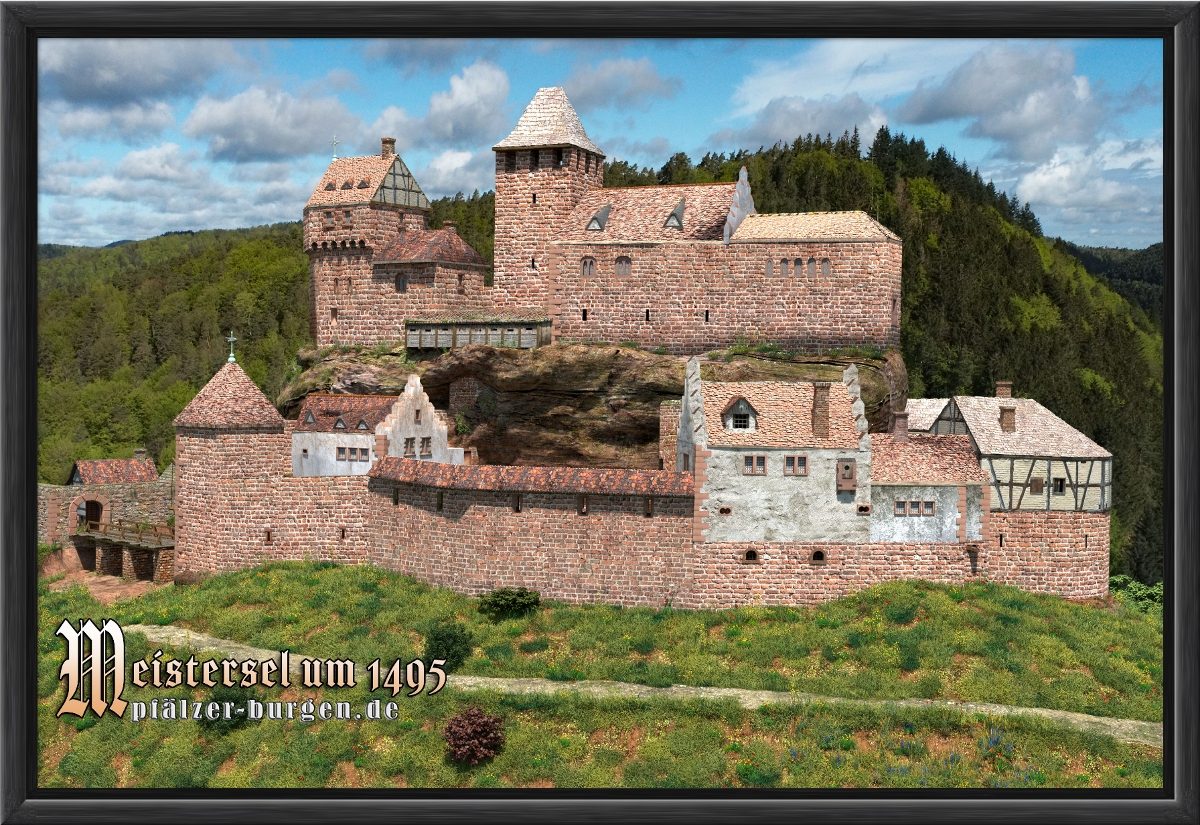 Schwarz gerahmter Leinwanddruck 30x20cm von der Burg Meistersel aus Süden als schönes Burg-Souvenir