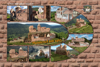 Fotocollage Burg Meistersel (1495) auf Postkarte Standard-Format
