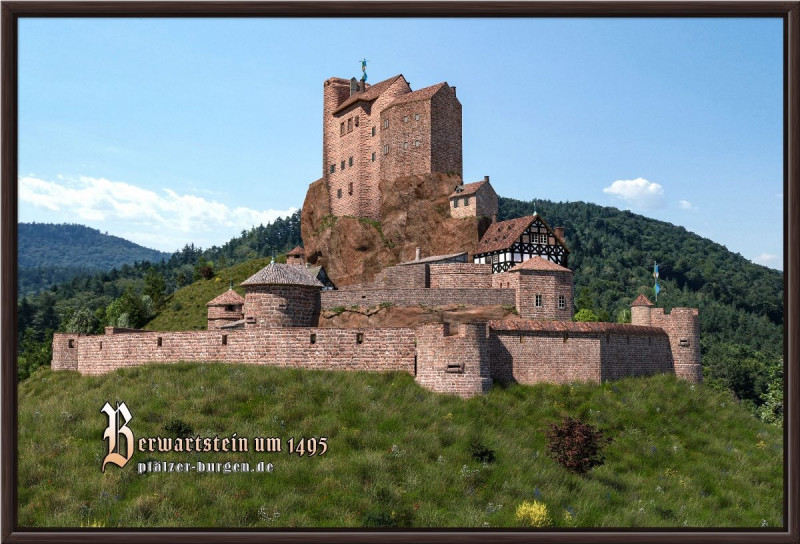 Schwarz gerahmter Leinwanddruck 45x30cm mit Rekonstruktion der Kanonenburg Berwartstein um 1495 aus Norden