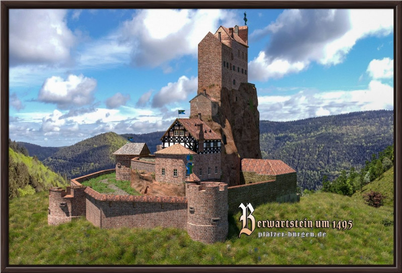 Braun gerahmter Leinwanddruck 45x30cm mit Rekonstruktion der Kanonenburg Berwartstein um 1495 aus Nordwesten