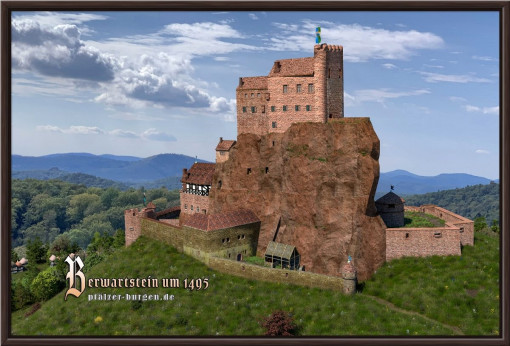 Schwarz gerahmter Leinwanddruck 45x30cm mit Rekonstruktion der Kanonenburg Berwartstein um 1495 aus Süden