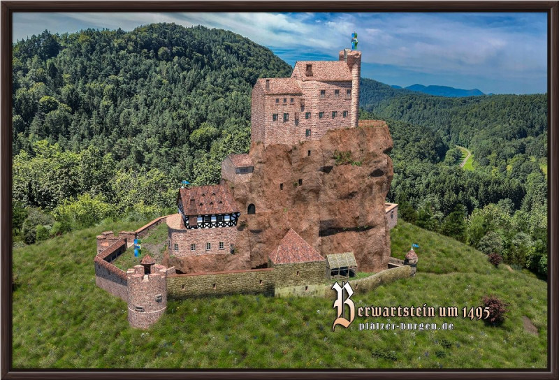 Braun gerahmter Leinwanddruck 45x30cm mit Rekonstruktion der Kanonenburg Berwartstein um 1495 aus Westen
