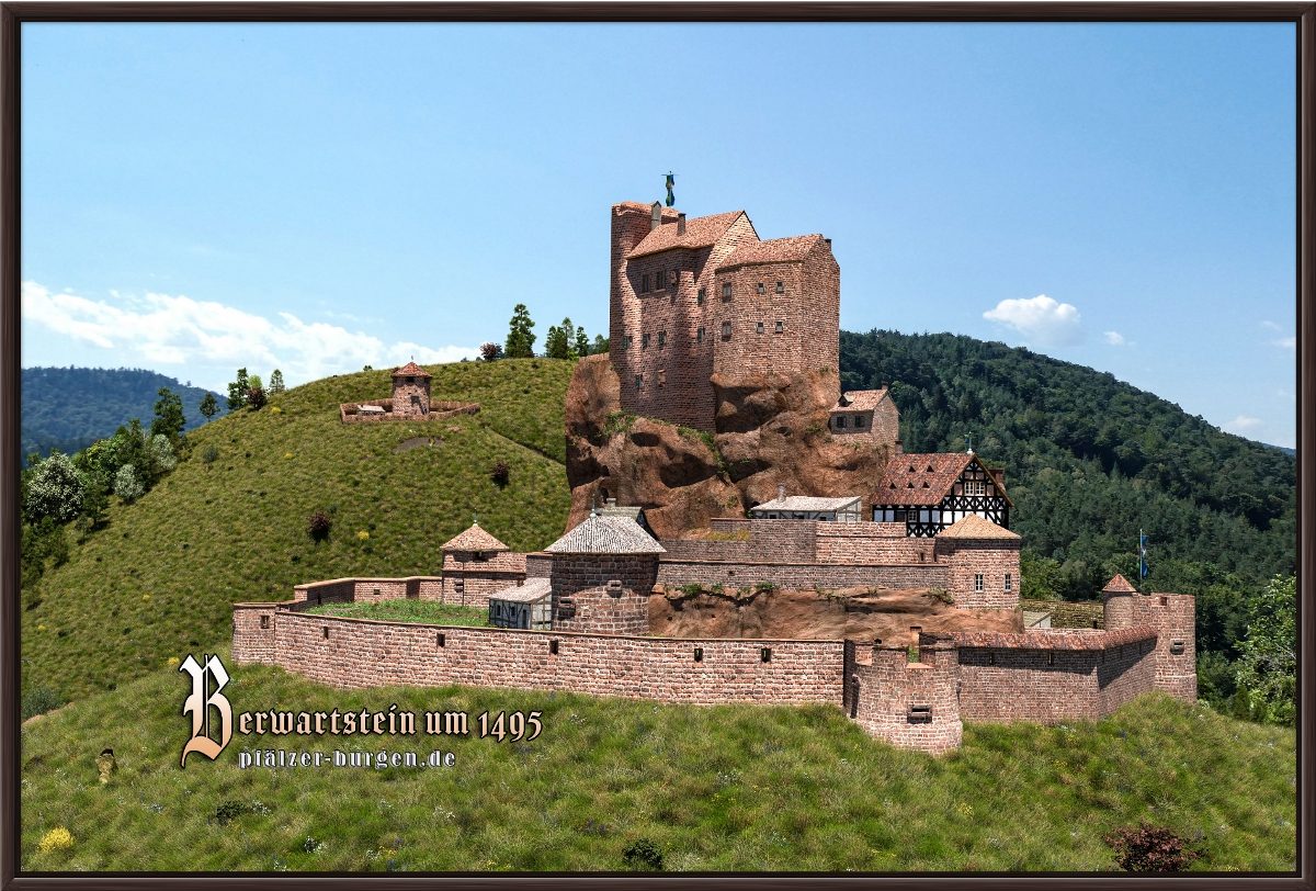 Braun gerahmter Leinwanddruck 60x40cm von der Burg Berwartstein mit Turm Kleinfrankreich um 1495 als schönes Burgsouvenir