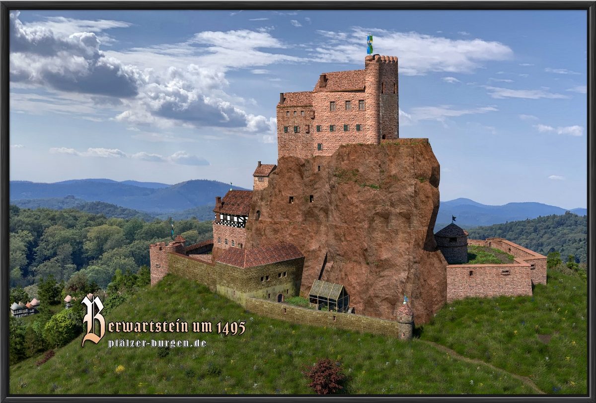 Schwarz gerahmter Leinwanddruck 60x40cm von der Burg Berwartstein um 1495 als schönes Burgsouvenir