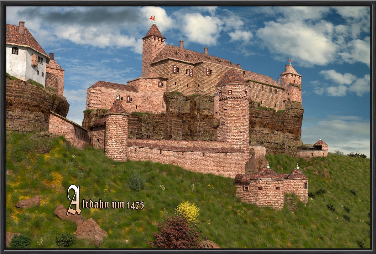 Schwarz gerahmter Leinwanddruck 60x40cm mit Burg Altdahn aus Südwesten