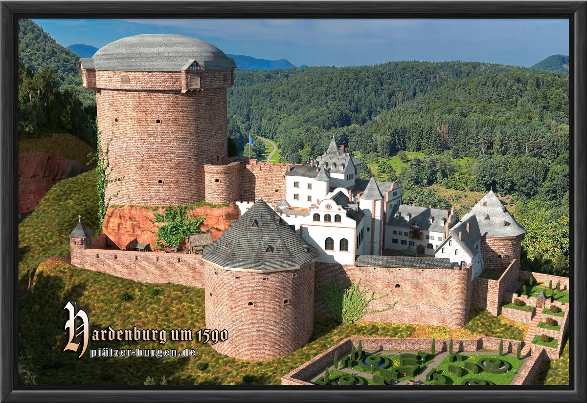 Schwarz gerahmter Leinwanddruck 30x20cm von der Hardenburg aus Süden als schöne Wand-Dekoration