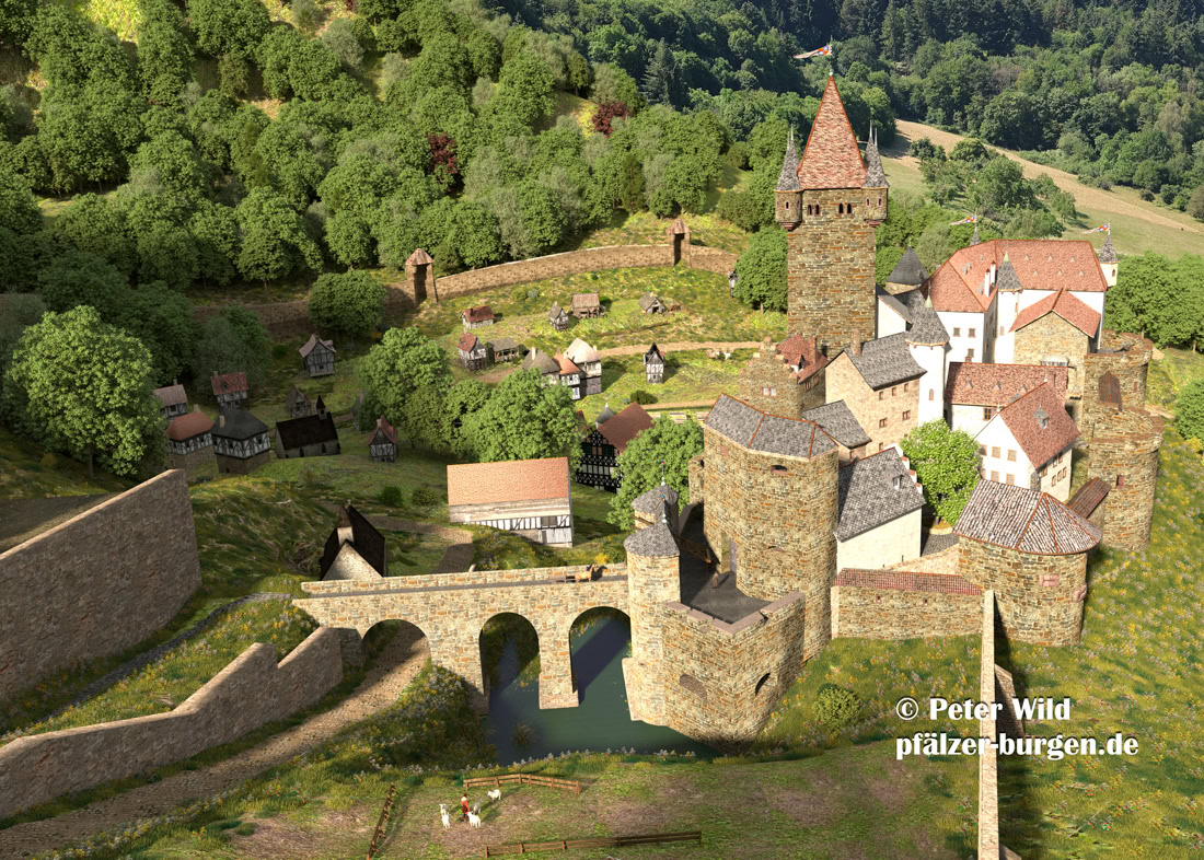 Das Haupttor der Burg Frankenstein befindet sich in der Schildmauer. Um dorthin zu gelangen war die Halsgrabenbrücke mit Zugbrücke und Flankierungstürmchen zu passieren.