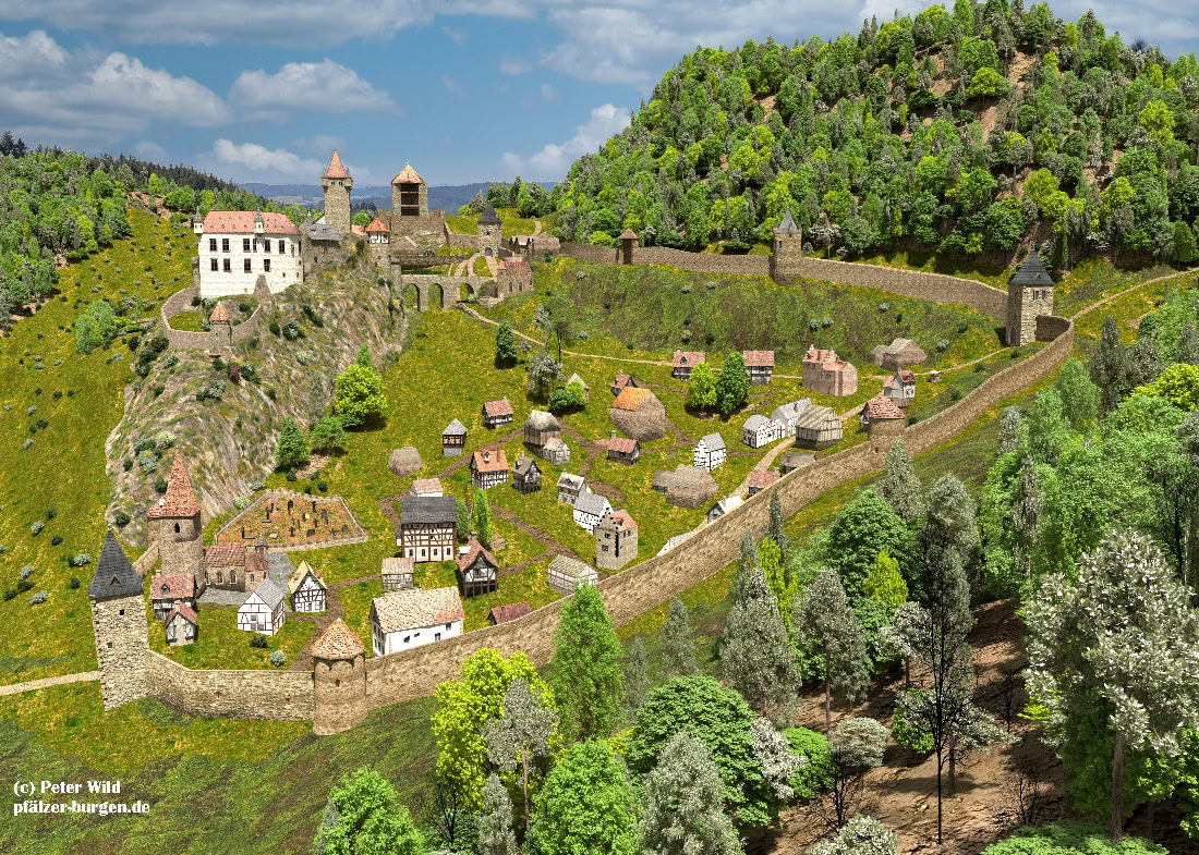 Ort und Burg Falkenstein waren einst von einer Dorfmauer mit Wehrtürmen umzogen . Das Dorf war durch ein oberes und ein unteres Tor zu betreten.