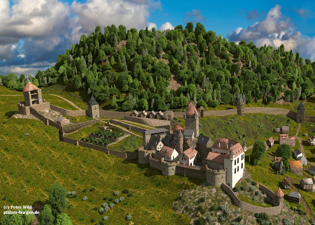 Mit einer Ausdehnung von ca. 275 m ist die Burg Falkenstein am Donnersberg (Pfalz) eine der größten pfälzer Burganlagen.