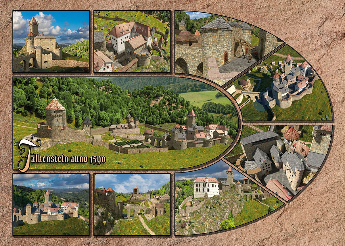 Postkarte mit Collage von Abbildungen der Burg Falkenstein anno 1590