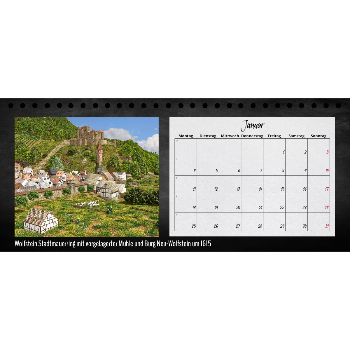 Tischkalender 2027 mit historischer Stadtmauer und Burg Wolfstein in Rheinland-Pfalz.