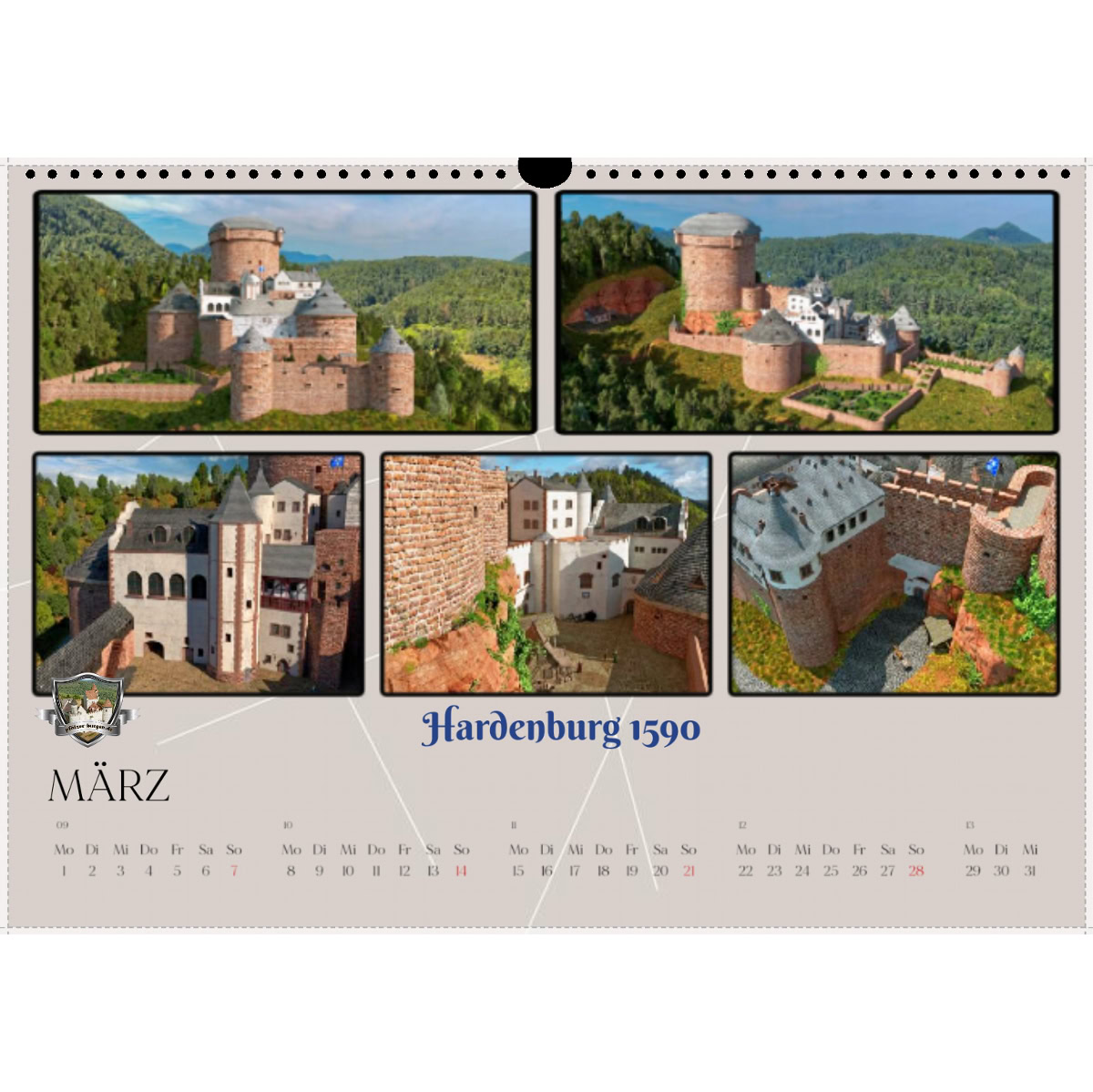 Hardenburg 1590 Kalenderbild März Kalender 2027 mit der historischen Hardenburg Burganlage in der Pfalz, Deutschland.
