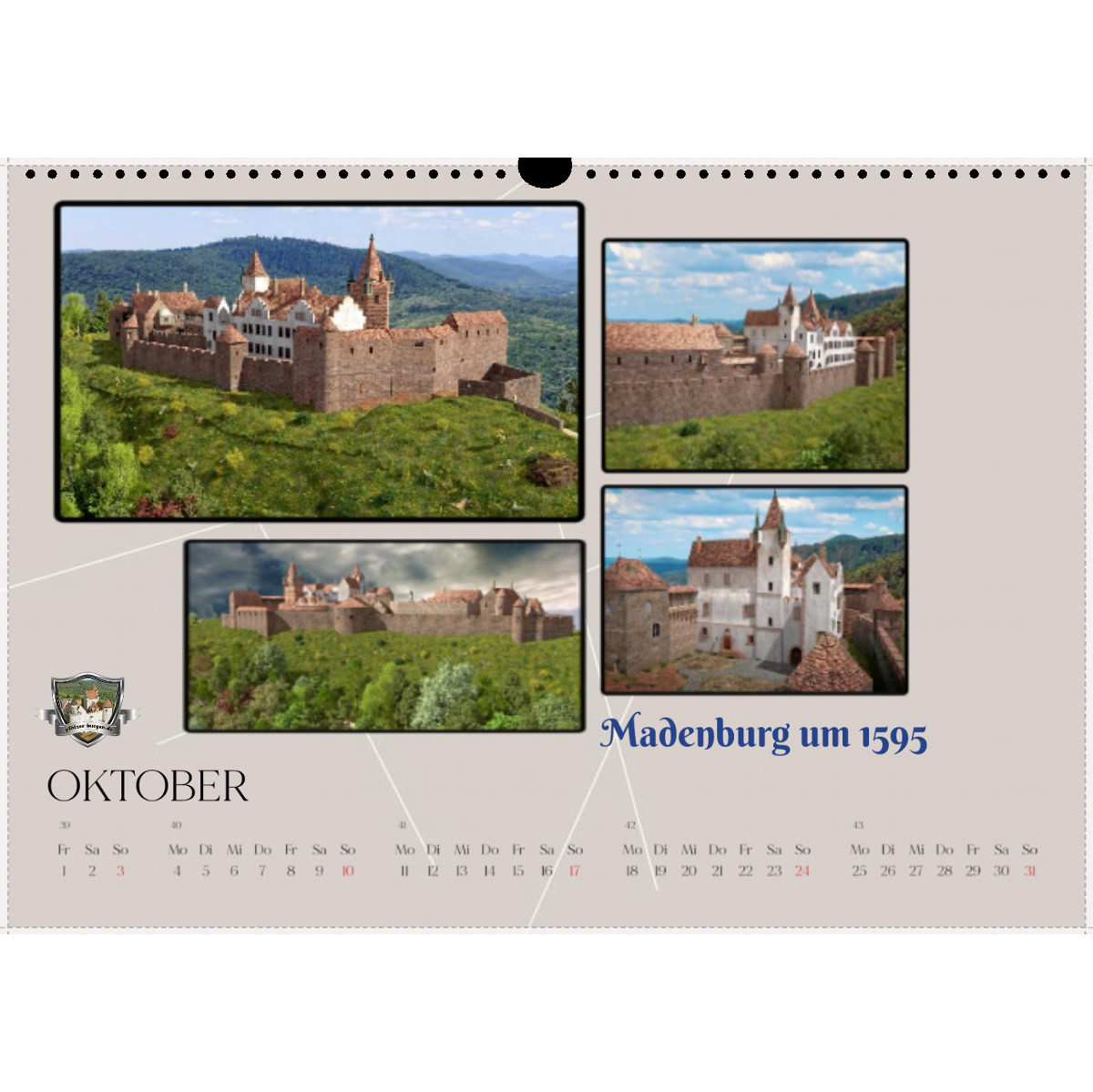 Kalenderblatt Oktober von Madenburg um 1595 - Historische Burgansicht Historische Madenburg in der Pfalz, um 1595, mit mittelalterlicher Architektur.
