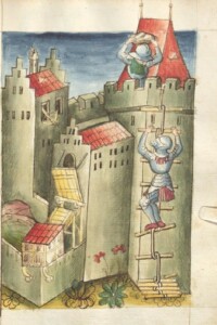 Eskaladieren eines Turmes mit Strickleiter
Quelle: Konrad Kyeser, Bellifortis, UB Frankfurt MS germ. qu.15 (gemeinfrei)