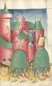 Gedeckte Annäherung ohne Laufgraben unter Weidenkörben
aus: Konrad Kyeser, Bellifortis, UB Frankfurt MS germ. qu.15