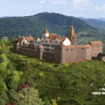 Die mächtige äußere Schildmauer wurde gegen 1530 als Reaktion auf die im Bauernkrieg erlittenen Zerstörungen errichtet. Hinter der Schildmauer erhob sich einst der fünfseitige Bergfried, von dem heute nur noch eine Mauerkante aufrecht steht. Der verputzte Eberhardbau entstand 1597 als letzte Erweiterungsmaßnahme. Madenburg 1595 aus Nordosten (Vogelpersp.)