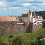 Die Vorburg wurde von einer hohen Zwingermauer mit vorspringenden Flankierungstürmen geschützt. Madenburg (1595) aus Südosten