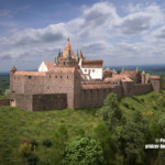 In dieser Ansicht sind die Hauptbefestigungen der Madenburg gut zu erkennen: Die mächtige äußere Schildmauer wurde erst als Reaktion auf die im Bauernkrieg erlittenen Zerstörungen gegen 1530 errichtet. Warum sich der Speyerer Bischof im Zeitalter von Pulverwaffen für den Bau einer fortifikatorisch nicht dem Stand der Militärtechnik genügenden Schildmauer als Hauptbefestigung entschied, ist nicht dokumentiert. Madenburg (1595) über Rheinebene aus Nordwesten