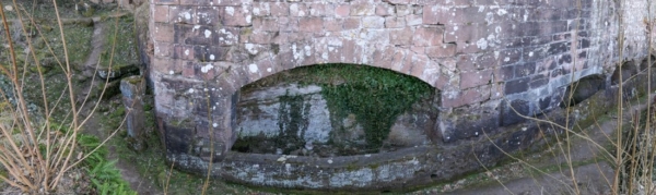 Im schmalen inneren Burghof sind am Fuß des Zentralfelsens vier in den Sandsteinfelsen geschrotete Wasserbecken zu erkennen. Das Becken in der Bildmitte ist das größte und etwas abgesetzt von den anderen. Das große Becken wurde ab Mitte des 16.Jhdts durch die neu angelegte Ton- oder Deichelleitung mit Quellwasser vom nahen Roßberg befüllt. Links im Bild steht eine 1,5m hohe Brunnensäule, die erst bei Aufräumarbeiten im 19.Jhdt. entdeckt und an ihrem heutigen Platz aufgestellt wurde.