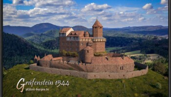 Burg Gräfenstein (1544) aus Südwesten - Gerahmter Leinwanddruck 60x40cm Schwarz gerahmter Leinwanddruck 60x40cm mit der Rekonstruktion der Burg Gräfenstein um 1544 aus Südwesten