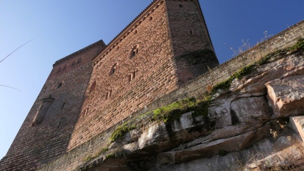Hinter dem spätmittelalterlichen Ringmauerabschnitt erheben sich der buckelquaderverkleidete Hauptturm und Palasbau, der ein Neubau des 20. Jahrhunderts auf dem Grundriss eines stauferzeitlichen Palas ist. Die monumentale Erscheinung geht auf Umgestaltungspläne aus der NS-Zeit zurück, die eine weltanschauliche Entfremdung vom historischen Bauzustand bewusst in Kauf nahmen. Die buckelquaderverkleideten Hauptbauwerke verleihen dem Trifels ein majestätisches Antlitz