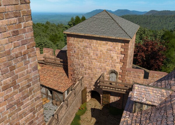 Hofseite des Torturms mit innerem Tor, Wehrgängen und Trennmauer Repräsentativer Torturm von Burg Schlössel