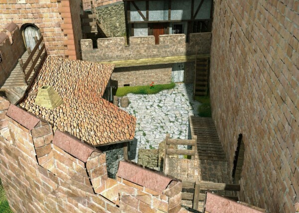 Eine Trennmauer unterteilte die Kernburg in einen herrschaftlichen Bereich mit Wohnturm und kleinem Innenhof ("Oberhof") und dem Wirtschaftshof mit mehreren Funktionsbauten und den Stallungen. Blick in den Oberhof der Burg Schlössel aus Osten