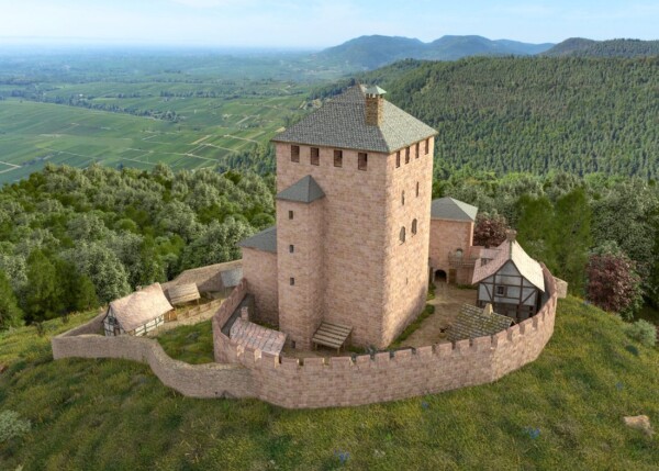 Turmburg Schlössel am steil zur Rheinebene abfallenden Haardtrand wurde mehrfach zerstört, 1168 final und nicht wieder aufgebaut. Turmburg Schlössel am steil zur Rheinebene abfallenden Haardtrand
