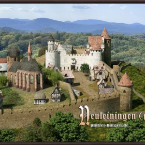 Kastellburg Neuleiningen (1620) mit Vorburg und Kirche St. Nikolaus - Gerahmter Leinwanddruck, 60x40cm Kastellburg Neuleiningen (1620) mit Vorburg und Kirche St. Nikolaus - Gerahmter Leinwanddruck, 60x40cm