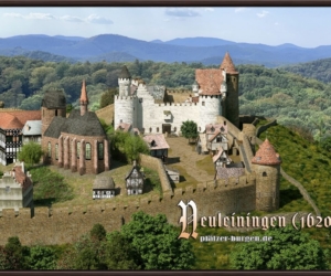Kastellburg Neuleiningen (1620) mit Vorburg und Kirche St. Nikolaus - Gerahmter Leinwanddruck, 60x40cm Kastellburg Neuleiningen (1620) mit Vorburg und Kirche St. Nikolaus - Gerahmter Leinwanddruck, 60x40cm