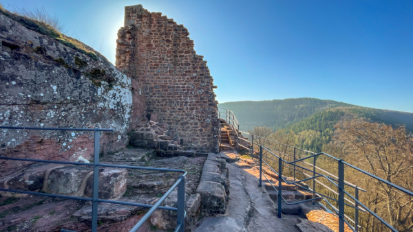 Nach dem Rückbau des fünfeckigen Bergfrieds wurden die den unterschiedlichen Ganerben gehörenden Burgteile ab dem 15. Jahrhundert durch eine Scheidemauer abgetrennt. Der dahinterliegende Südbereich gehörte dem Bischof von Speyer. blick entlang der öestlichen Oberburg nach Süden