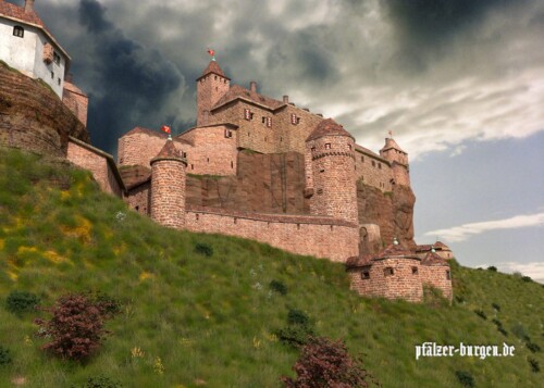 Bebauung des terrassierten Südhanges von Burg Altdahn um 1475 (aufziehendes Gewitter)