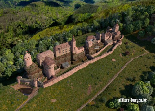 Draufsicht auf die Dahner Burgengruppe im Erscheinungsbild von 1475 aus NO
