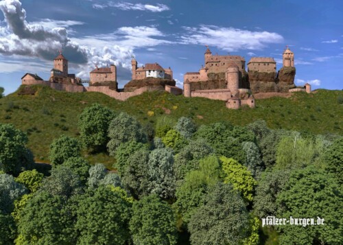 Blick vom Südhang hoch zur Dahner Burgengruppe des Jahres 1475