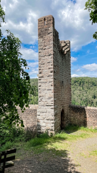 Die im 14. Jh. errichtete Mittelburg wurde nach außen durch eine Schildmauer gesichert. Deren Abmessungen: Länge = 6,80 m, Tiefe = 1,75 m, Höhe = 10,20 m. Die drei Konsolsteine im oberen Bereich markieren den Sockel einer Pechnase. Der Zinnenkranz auf der oberen Plattform ist nicht mehr erhalten. Äußere Schildmauer aus dem frühen 14. Jahrhundert