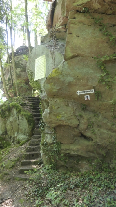 Eine (neu angelegte) Felsentreppe führt vom Fortsweg in den Bereich zwischen dem Felsklotz und dem Felsgrat, wo man die frühere Unterburg vermutet. Felsentreppe am Felsklotz von Alt-Erfenstein