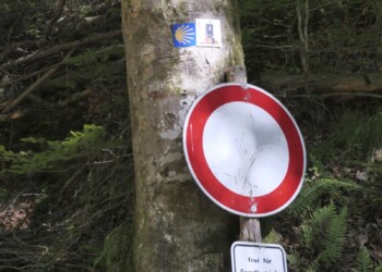 Wegkennzeichnung für Jakobsweg Pfalz (Sonne) und Drei-Burgen-Weg