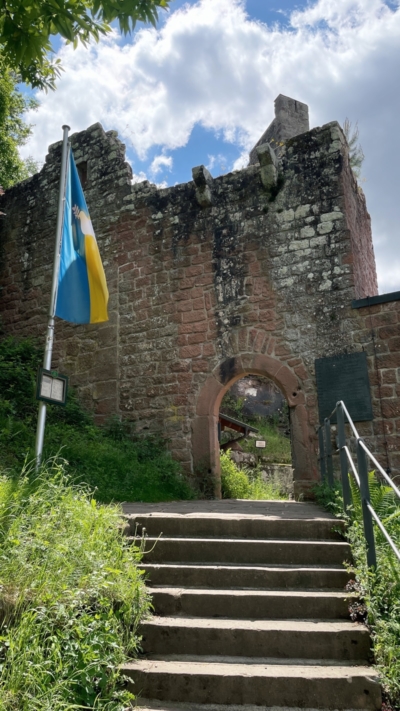Oberhalb des rundbogigen Tors zur Unterburg sind zwei Konsolsteine einer ehemaligen Pechnase zu erkennen. Die Bogensteine der Burgtors wurden erst später ergänzt. Rundbogentor zur Unterburg mIt Konsolsteinen eines Gusserkers