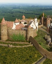 Neuleiningen um 1620 Rekonstruktion Burg Neuleiningen mit Ortschaft um 1620 aus Westen
