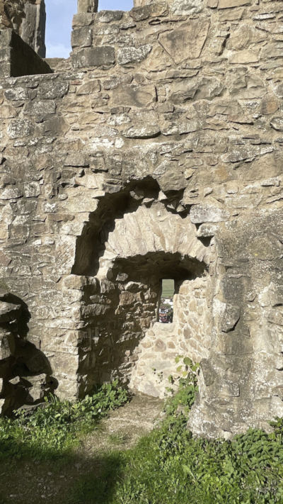 Die eingenischten hochrechteckigen Lichtschlitze im Kellergeschoss des Westpalas dienten auch als Schießscharten für Pulverhandwaffen. Handwaffenscharte und Lichtöffnung im Kellergeschoss des Westpalas