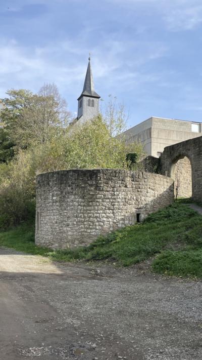 Etwa 20 Meter östlich der Schildmauer der Unteren Burg ist ein runder Turm vor der nördlichen Ringmauer errichtet. Runder Turm und rundbogige Pforte in der Mitte des Nordberings