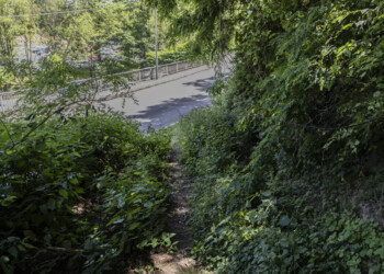 Versteckter Zugang zum Waldpfad hinauf zur Burg Versteckter Zugang an der LauterstraĆe zum Burgweg