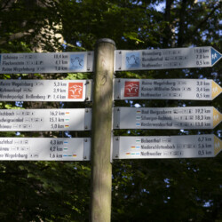 Wegweiser zur Wegelnburg geben Orientierung.