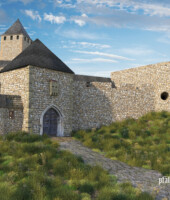 Zwischen dem Hufeisenturm und dem Torturm erstreckt sich ein etwa 8 Meter mächtiger Außenwall, der den geglätteten Fels vor der Burg mit einbezieht. Auf dem Wall befand sich vermutlich eine Plattform für Geschütze. Das sog. Erste Tor ist von der Entstehungs- geschichte betrachtet das jüngst der drei Burgtore. Es entstand bei den pfalzgräflichen Erweiterungen in der Mitte des 15. Jahrhunderts. Von der Außenseite betrachtet wirkt das Erste Tor massiv, es ist aber zur Burgseite hin offen. Lichtenberg Torhaus Erstes Tor 1620