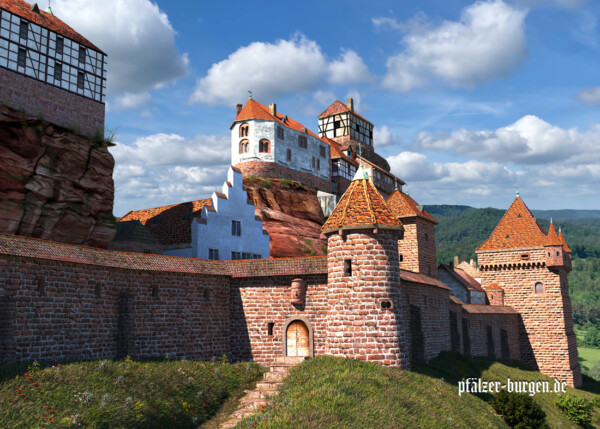 Das abgegangene Westtor aus dem ausgehenden 15. Jh. wurde von einem Rundturm mit drei kleinen Maulscharten gedeckt. Türme der östlichen Burg von Südwesten