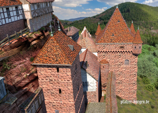 Von der Torhalle im UG des Ostturms führte kein direkter Weg in die oberen Turmebenen, sondern es musste der Weg durch den Keller des nördlich angrenzenden Wohnhauses genommen werden. Hierbei gelangte man zum halbrunden Treppenerker an der Westseite des Torturms. Westansicht des Torturms mit Treppenerker